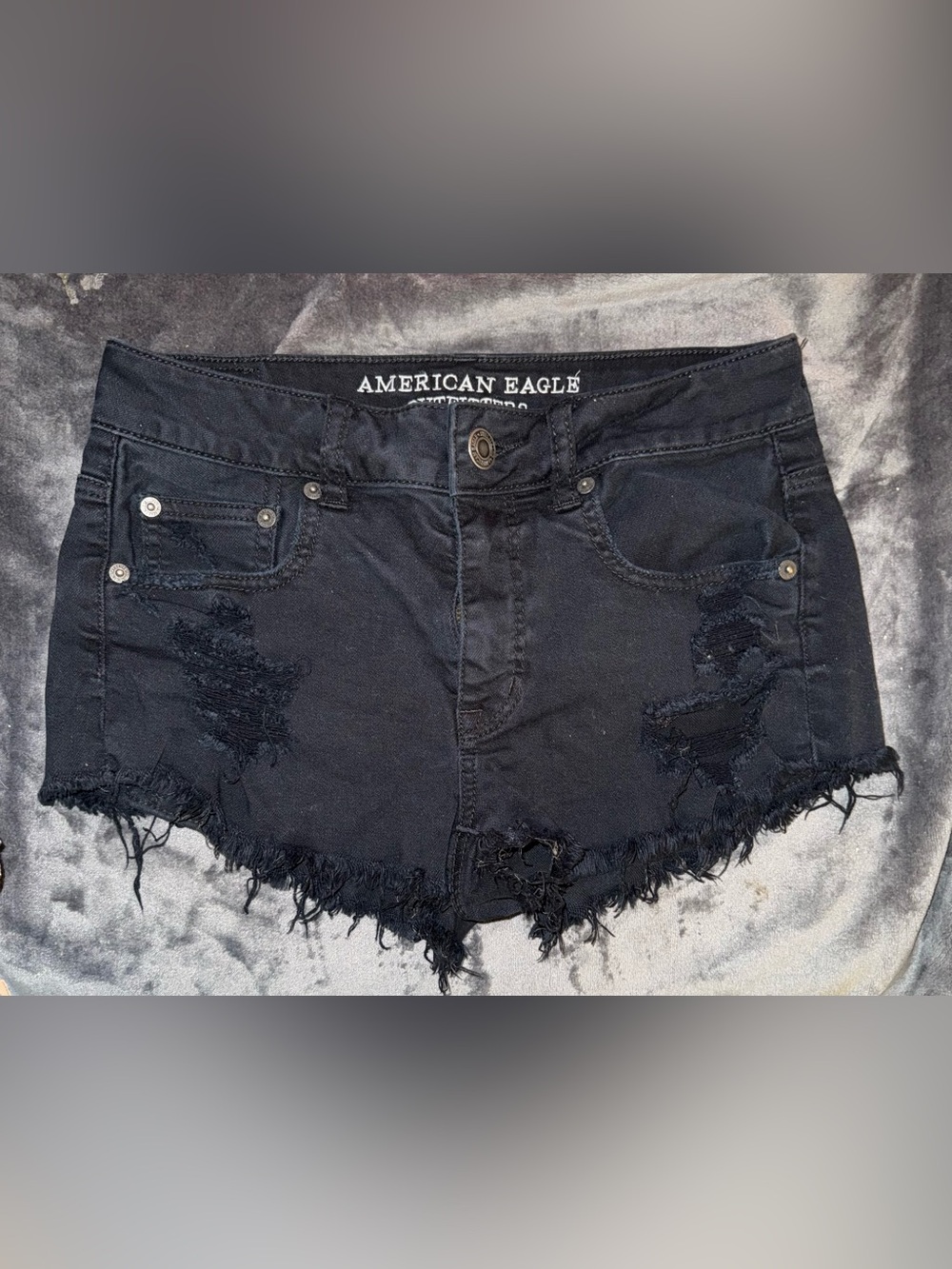 American Eagle Outfitters Black Mid Rise Distressed Jean Shorts with Frayed Hem